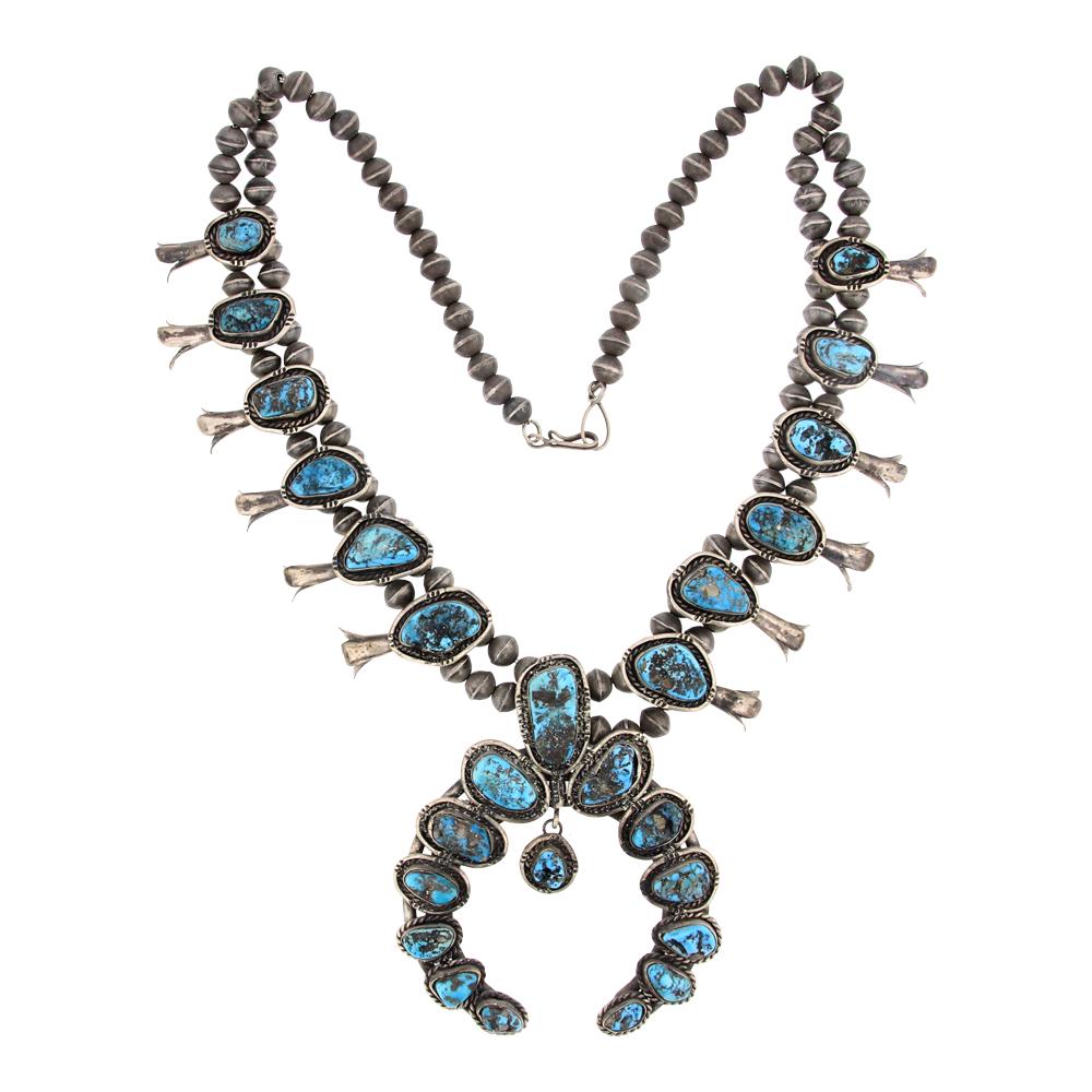 Old Pawn Ithaca Peak Turquoise Circa 1970's Squash Blossom Necklace: Sterling Silver | Genuine Ithaca Peak Turquoise | Old Pawn Ithaca Peak Turquoise Circa 1970's Squash Blossom Necklace | Navajo Native American Southwest Indian Jewelry | Approximate Weight: 202 Grams