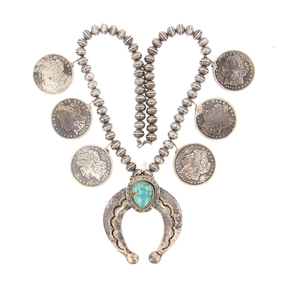 Old Pawn Circa 1960's Nevada Turquoise Morgan Silver Dollar Squash Blossom Necklace (1 of 3)