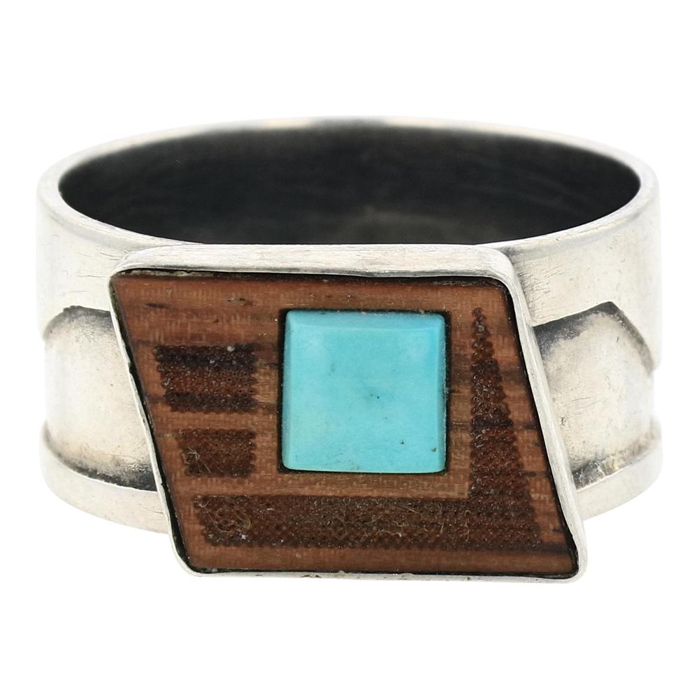 Navajo Turquoise & Petrified Wood Inlay Contemporary Ring (1 of 3)