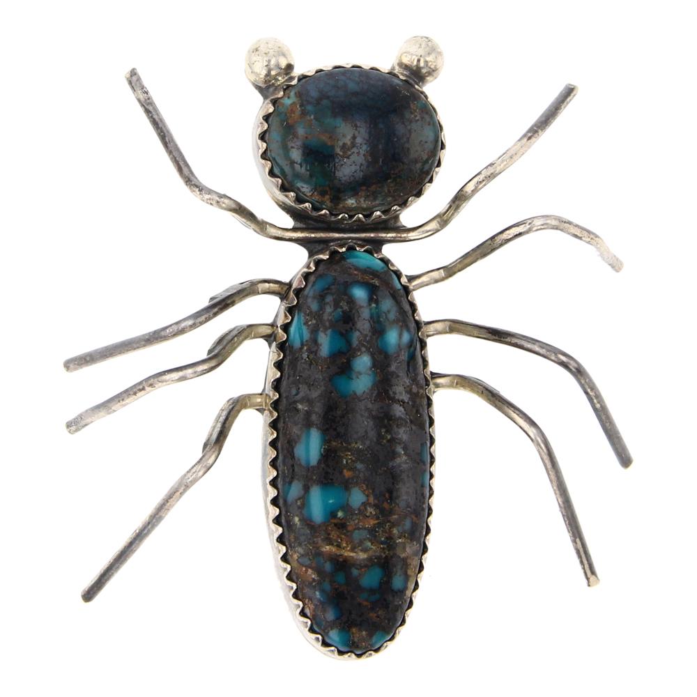 Vintage Danny Clark Spiderweb Turquoise Spider Pin: Sterling Silver | Genuine Spiderweb Turquoise | Vintage Danny Clark Spiderweb Turquoise Spider Pin | Navajo Native American Southwest Indian Jewelry | Approximate Weight: 7 Grams | Dimensions: Pin: 1.