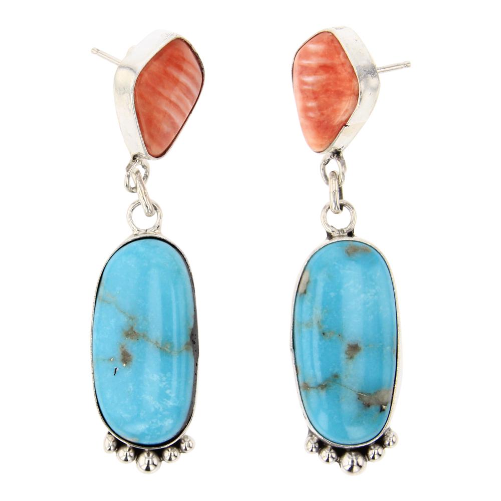 Navajo Turquoise & Spiny Oyster Earrings: Sterling Silver | Genuine Turquoise & Spiny Oyster | Navajo Turquoise & Spiny Oyster Earrings | Navajo Native American Southwest Indian Jewelry | Approximate Weight: 14 Grams | Dimensions: Earrings: .