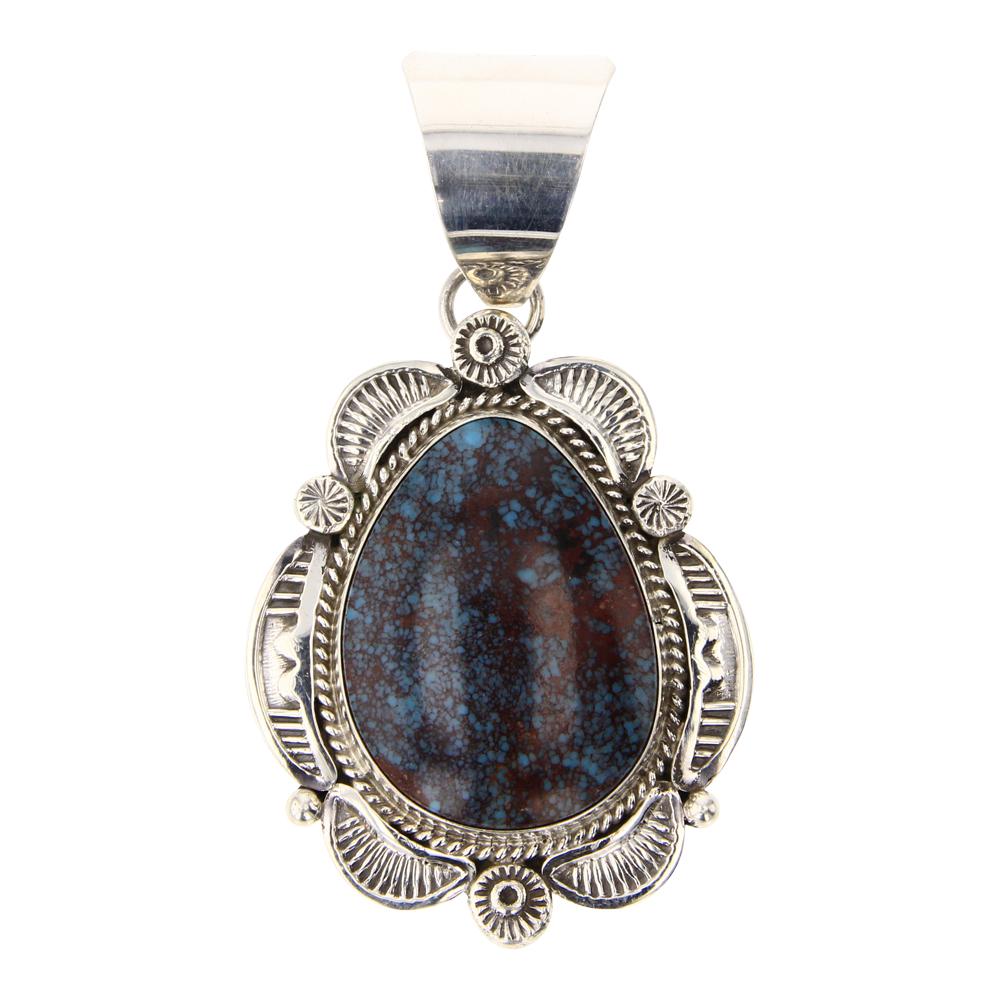 Ella Linkin Turquoise Pendant: Sterling Silver | Genuine Spiderweb Turquoise | Ella Linkin Turquoise Pendant | Navajo Native American Southwest Indian Jewelry | Approximate Weight: 13 Grams | Dimensions: Pendant: 1.25" x 2.25" | Si