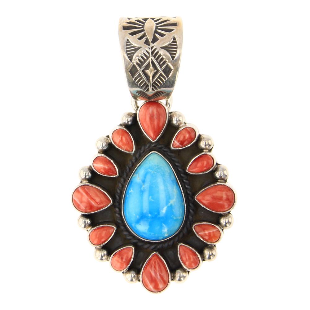 Elgin Tom Kingman Turquoise & Spiny Oyster Cluster Pendant: Sterling Silver | Genuine Kingman Turquoise | Elgin Tom Kingman Turquoise & Spiny Oyster Cluster Pendant | Navajo Native American Southwest Indian Jewelry | Approximate Weight: 14 Grams | Dimensions: