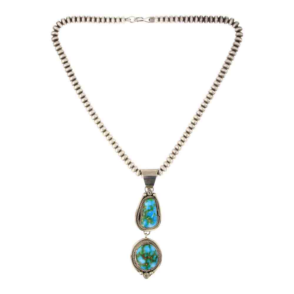 Ella Linkin Sonoran Mountain Turquoise Pendant on Saucer Bench Beads Necklace: Sterling Silver | Genuine Sonoran Mountain Turquoise | Ella Linkin Sonoran Mountain Turquoise Pendant on Saucer Bench Beads Necklace | Navajo Native American Southwest Indian Jewelry | Approximate Wei