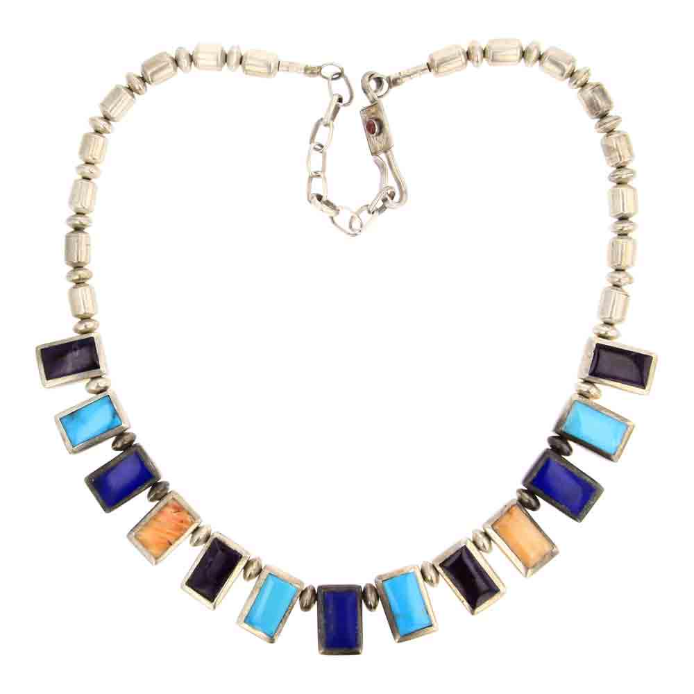 Christian Wolf Southwest Shop Turquoise Lapis Back Onyx & Spiny Oyster Necklace: Sterling Silver | Genuine Turquoise, Lapis, Black Onyx, & Spiny Oyster | Christian Wolf Southwest Shop Turquoise Lapis Back Onyx & Spiny Oyster Necklace | American Southwest Shop Jewelry | Approximate