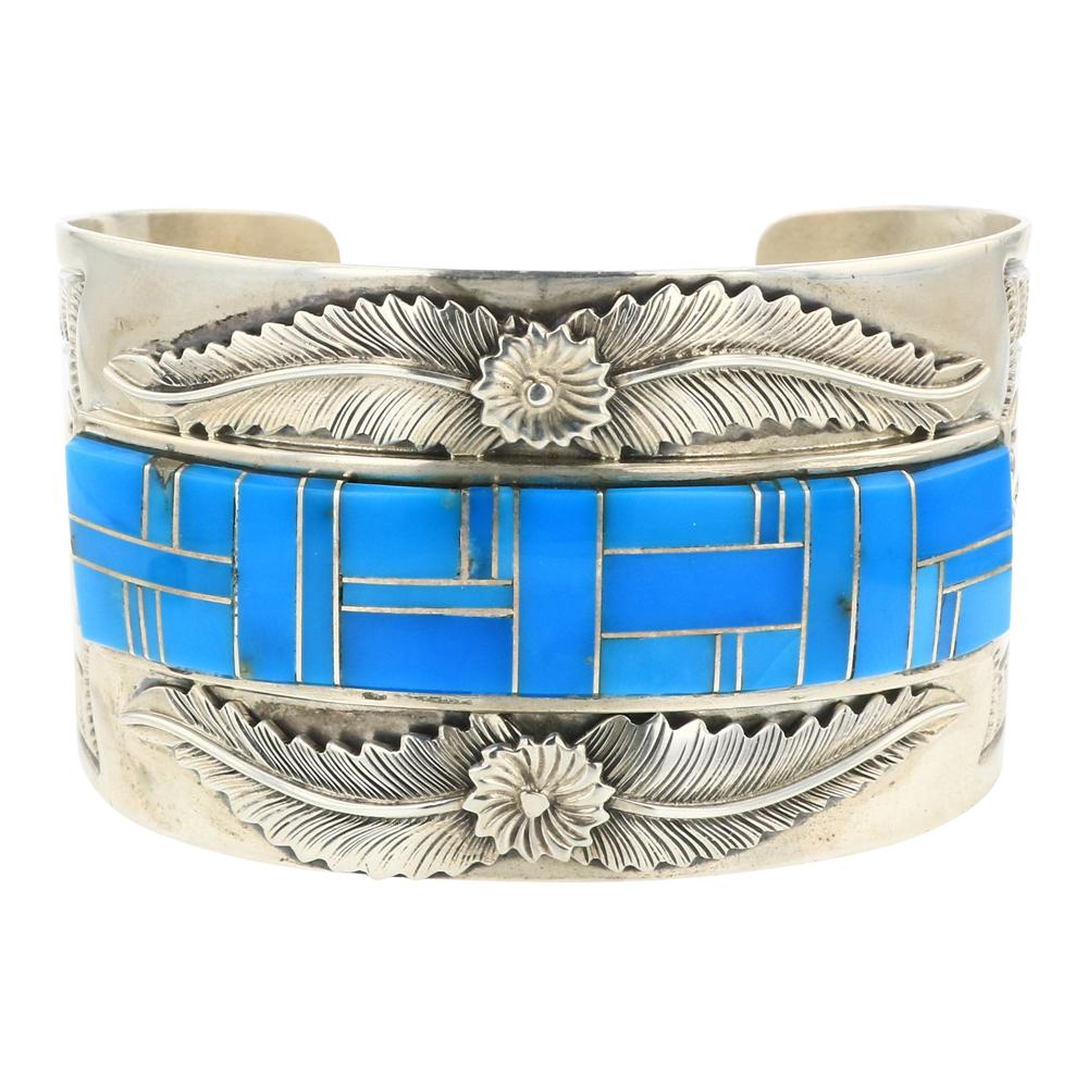 John Nelson Kingman Turquoise Channel Inlay Leaf work Cuff Bracelet (1 of 4)