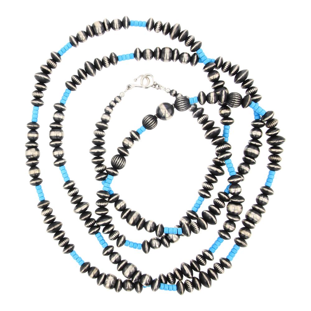 Navajo Strung Oxidized Plain & Corrugated Beads Kingman Turquoise Necklace: Sterling Silver | Genuine Kingman Turquoise | Navajo Strung Oxidized Plain & Corrugated Beads Kingman Turquoise Necklace | Navajo Native American Southwest Indian Jewelry | Approximate Weight: 113 Gra