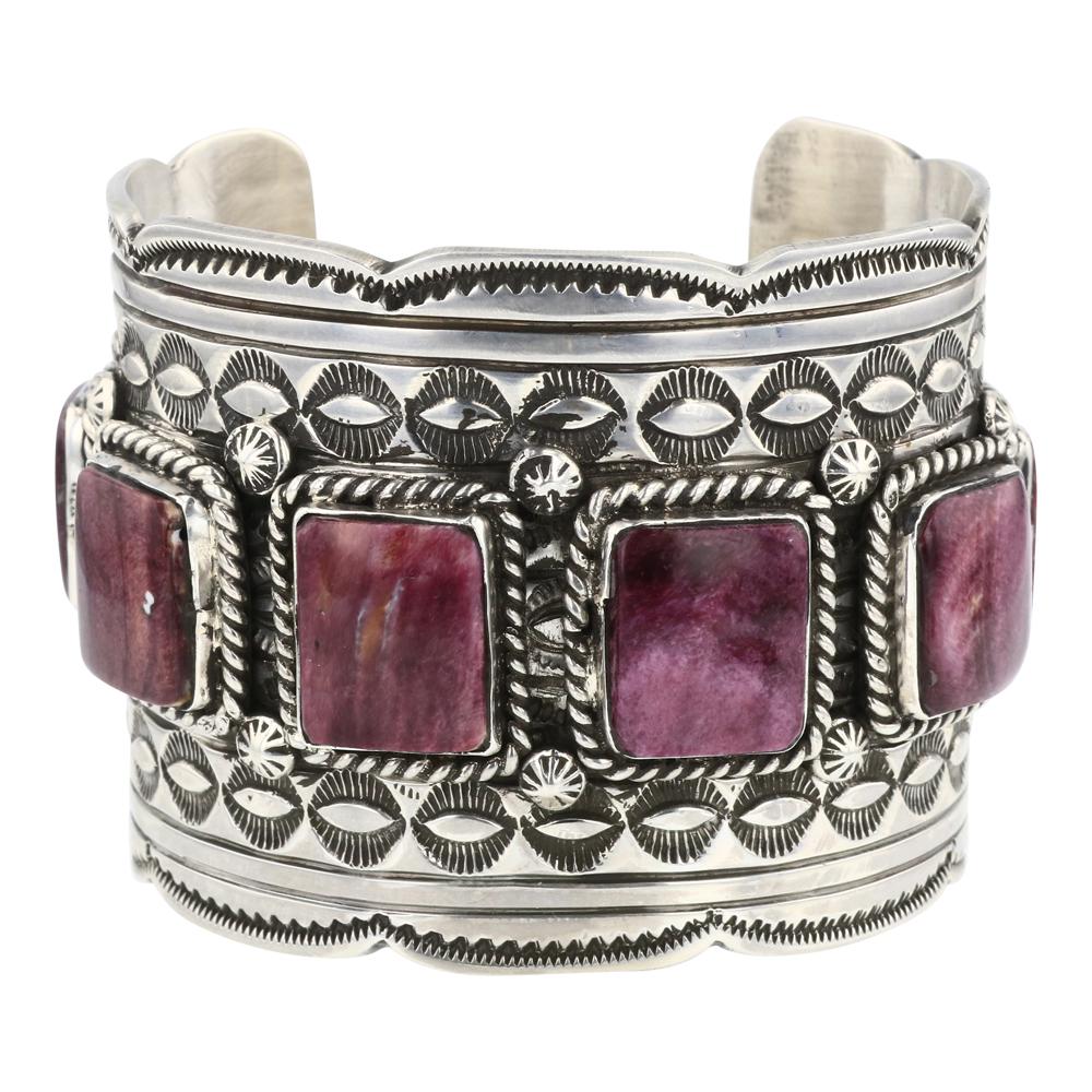Tillie John Purple Spiny Oyster Wide Cuff Bracelet: Sterling Silver | Genuine Purple Spiny Oyster | Tillie John Purple Spiny Oyster Wide Cuff Bracelet | Navajo Native American Southwest Indian Jewelry | Approximate Weight: 142 Grams | Dimensions: Brace