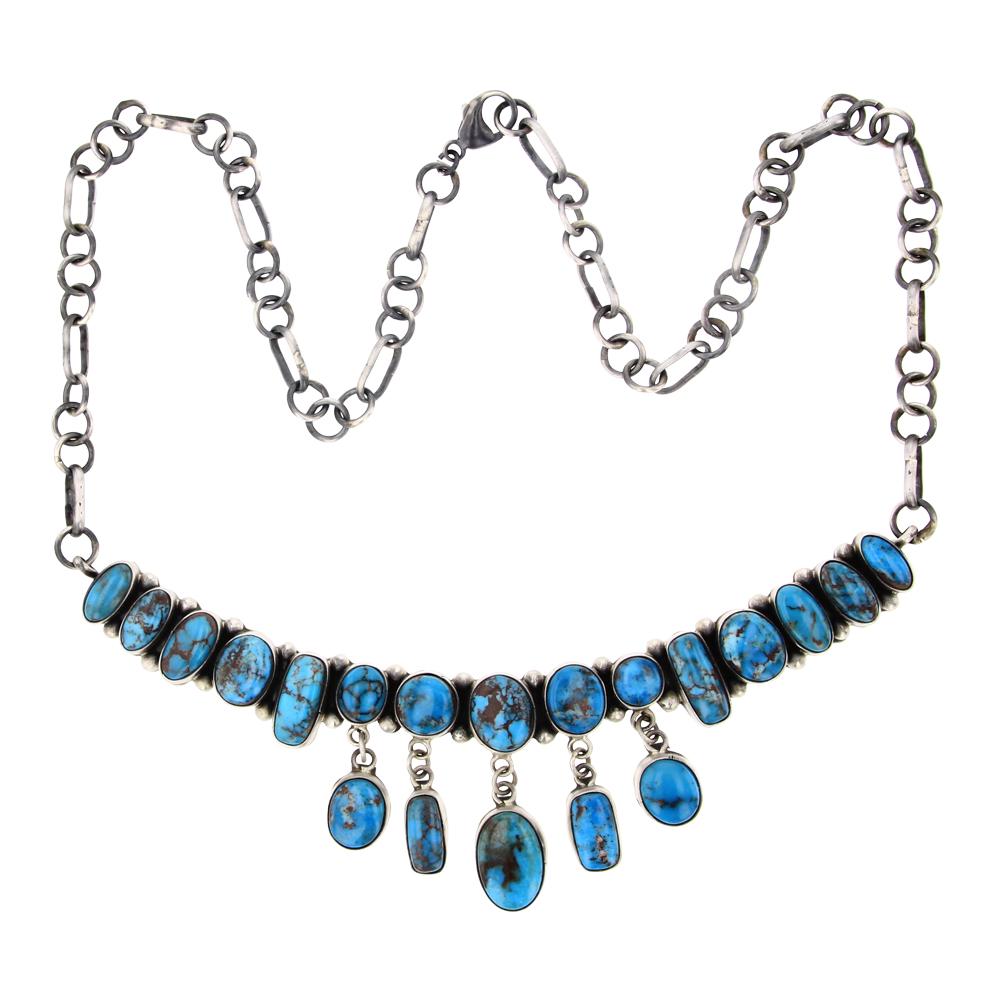 Blaine Yellowhorse Egyptian Turquoise Waterfall Necklace: Sterling Silver | Genuine Egyptian Turquoise | Blaine Yellowhorse Egyptian Turquoise Waterfall Necklace | Navajo Native American Southwest Indian Jewelry | Approximate Weight: 80 Grams | Dimensions: N