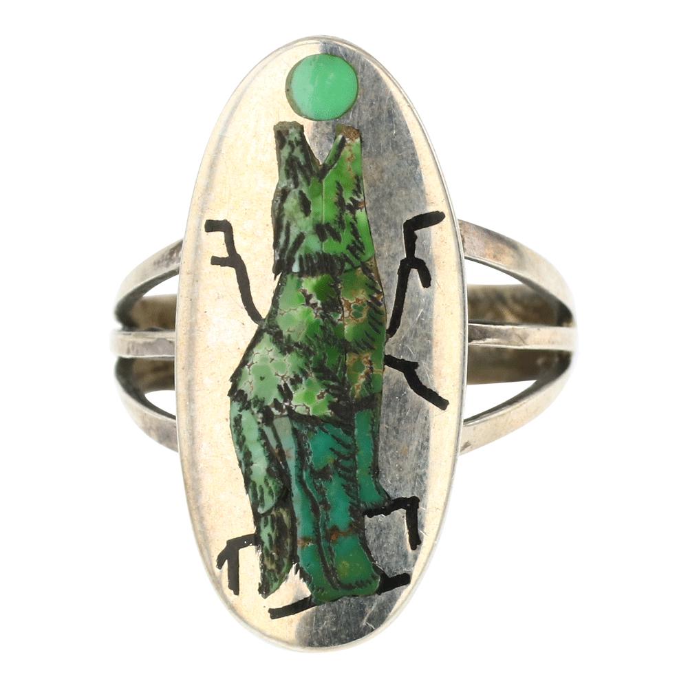 Zuni Carrico Lake Turquoise Inlay Howling Wolf Ring (1 of 3)