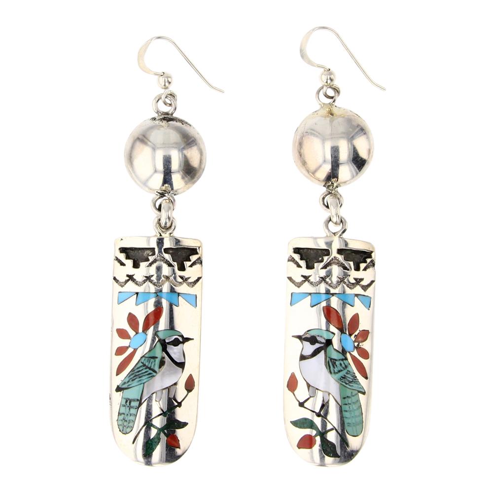 Quentin Quam Sr. Zuni Turquoise Coral & Shell Inlay Earrings (1 of 2)
