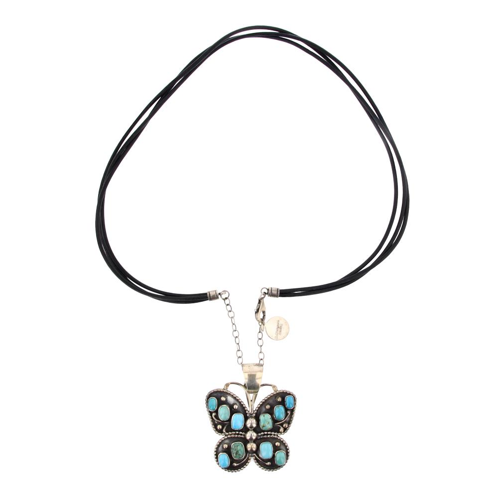 Darrin Livingston Nevada Turquoise Butterfly Pendant on Leather Cord Necklace: Sterling Silver | Genuine Nevada Turquoise | Darrin Livingston Nevada Turquoise Butterfly Pendant on Leather Cord Necklace | Navajo Native American Southwest Indian Jewelry | Approximate Weight: 33 Gr