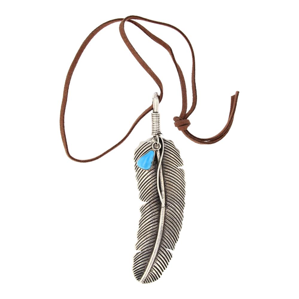 Ray Delgarito Kingman Turquoise Feather Pendant On Leather Cord Necklace: Sterling Silver | Genuine Kingman Turquoise | Ray Delgarito Kingman Turquoise Feather Pendant On Leather Cord Necklace | Navajo Native American Southwest Indian Jewelry | Approximate Weight: 46 Grams