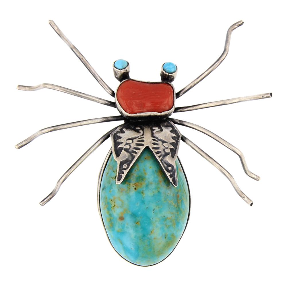 Herbert Ration Nevada Turquoise & Coral Spider Pin (1 of 2)