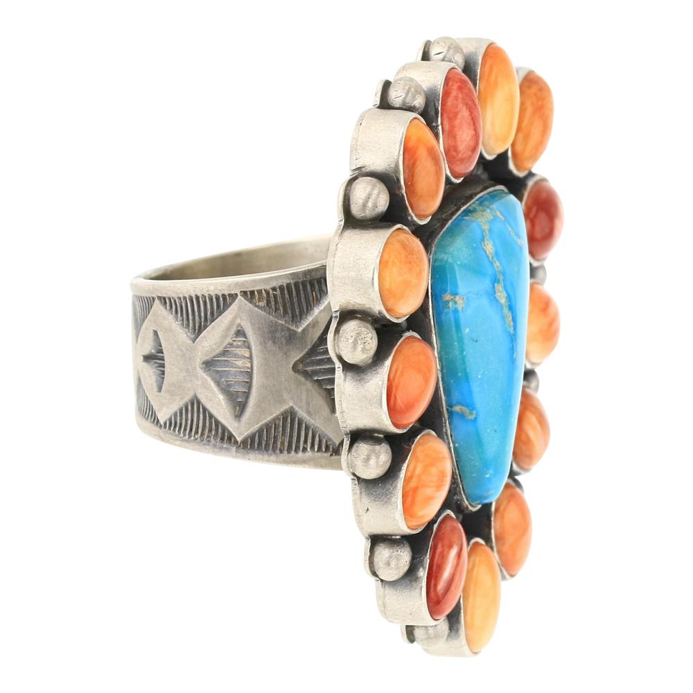Elgin Tom Blue Bird Turquoise & Orange Spiny Oyster Cluster Ring (1 of 3)