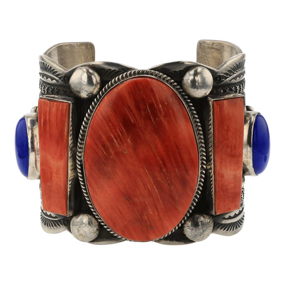 Guy Hoskie Spiny Oyster & lapis Large Stamp Wide Cuff Bracelet (1 of 4)
