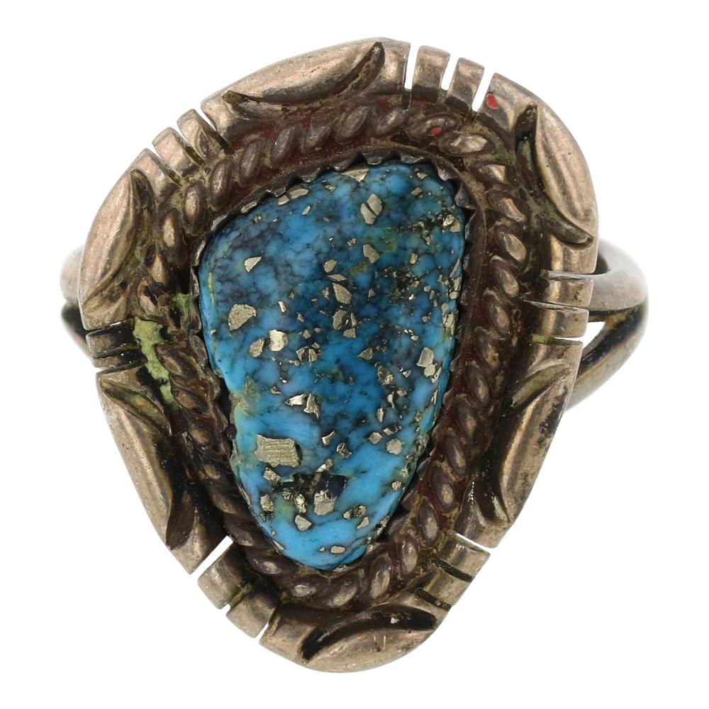 Vintage Navajo Turquoise Ring: Sterling Silver | Genuine Turquoise & Lapis | Vintage Navajo Turquoise Ring | Navajo Native American Southwest Indian Jewelry | Approximate Weight: 6 Grams | Dimensions: Ring: 8.75 size, 1" face width