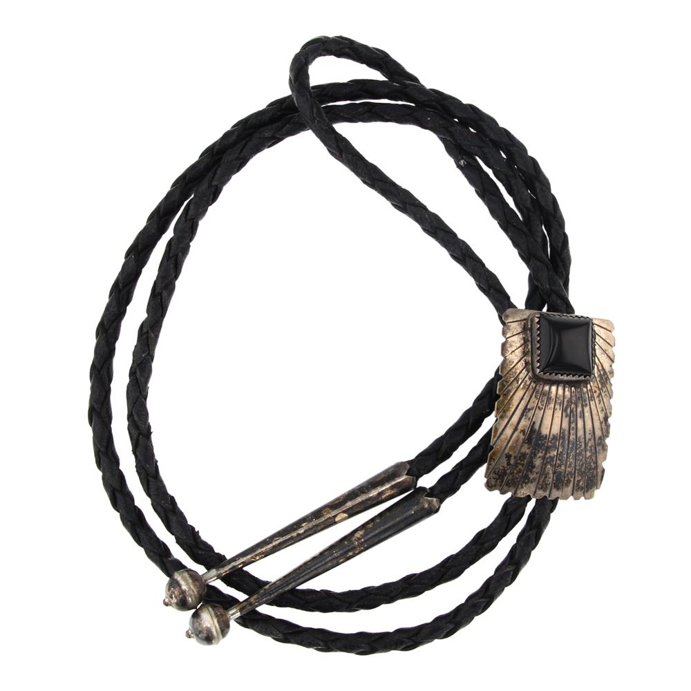 Vintage Navajo Black Onyx Bolo Tie: Sterling Silver | Genuine Black Onyx | Vintage Navajo Black Onyx Bolo Tie | Navajo Native American Southwest Indian Jewelry | Approximate Weight: 21 Grams | Dimensions: Bolo Tie: 19" length, 1" x 1.5"