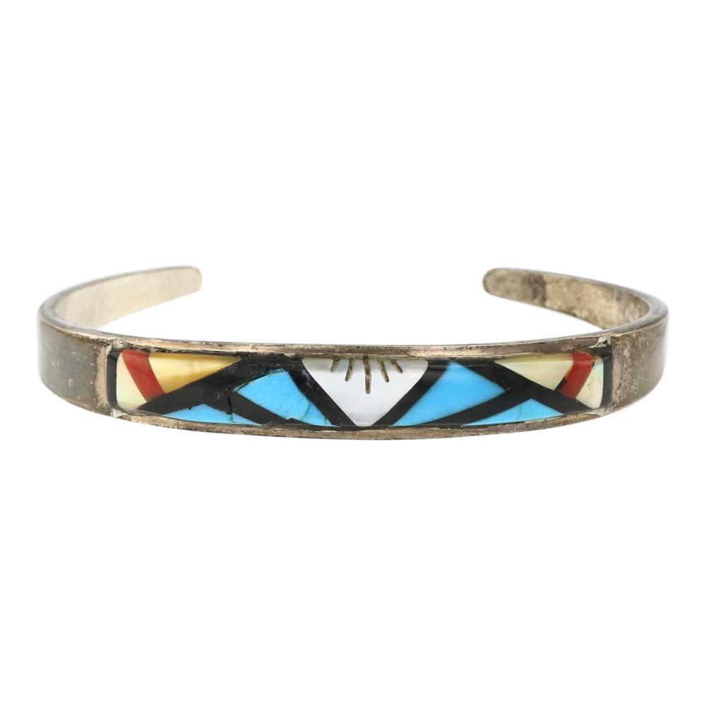 Vintage Zuni Inlay Turquoise Coral & Shell Cuff Bracelet (1 of 4)