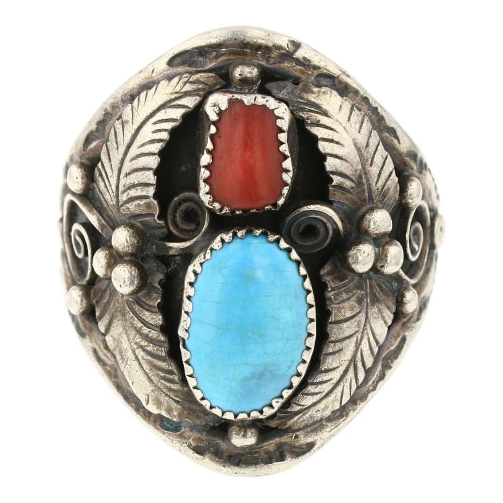 Navajo Turquoise & Coral Leaf Work Men's Ring (1 of 3)