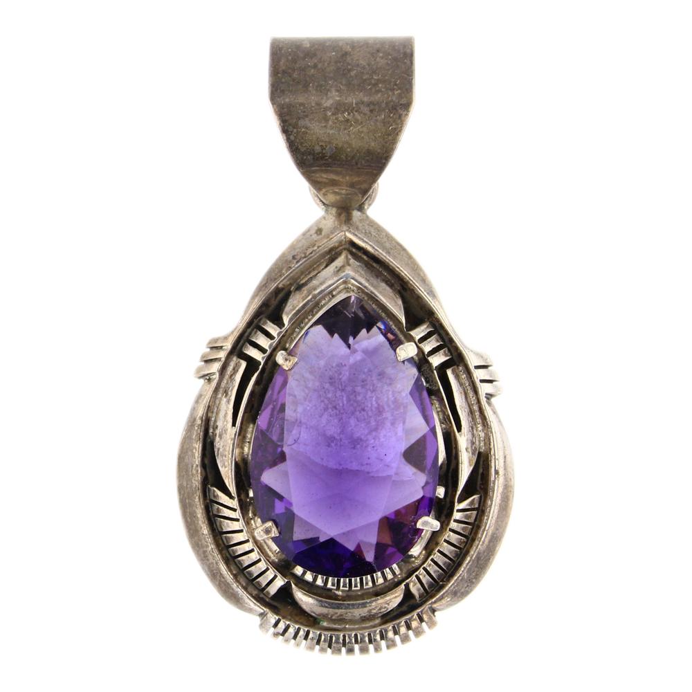 Navajo Robert Kelly Faceted Synthetic Amethyst Pendant: Sterling Silver | Synthetic Amethyst | Navajo Robert Kelly Faceted Synthetic Amethyst Pendant | Navajo Native American Southwest Indian Jewelry | Approximate Weight: 31 Grams | Dimensions: Pendant: 1.