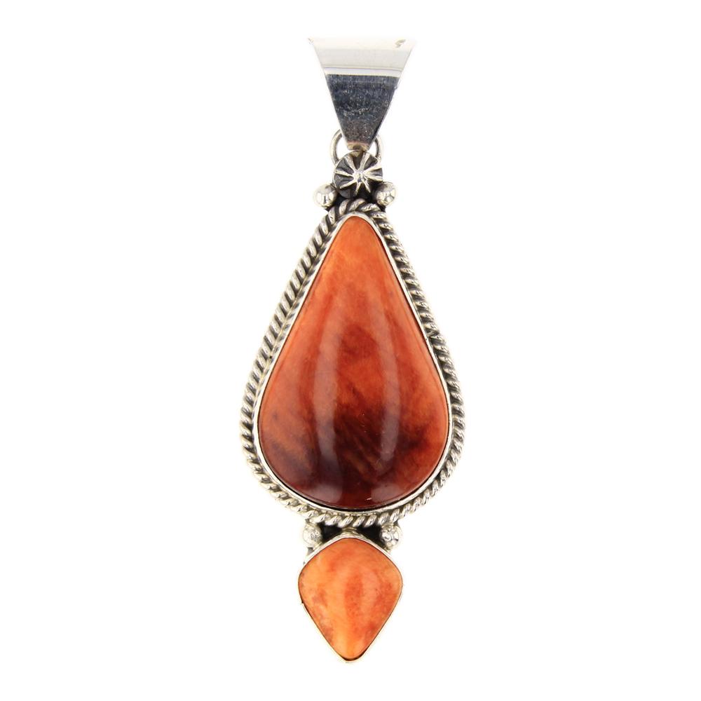 Carol Wylie Navajo Spiny Oyster Teardrop Pendant: Sterling Silver | Genuine Spiny Oyster | Carol Wylie Navajo Spiny Oyster Teardrop Pendant | Navajo Native American Southwest Indian Jewelry | Approximate Weight: 10 Grams | Dimensions: Pendant: 1" x 2