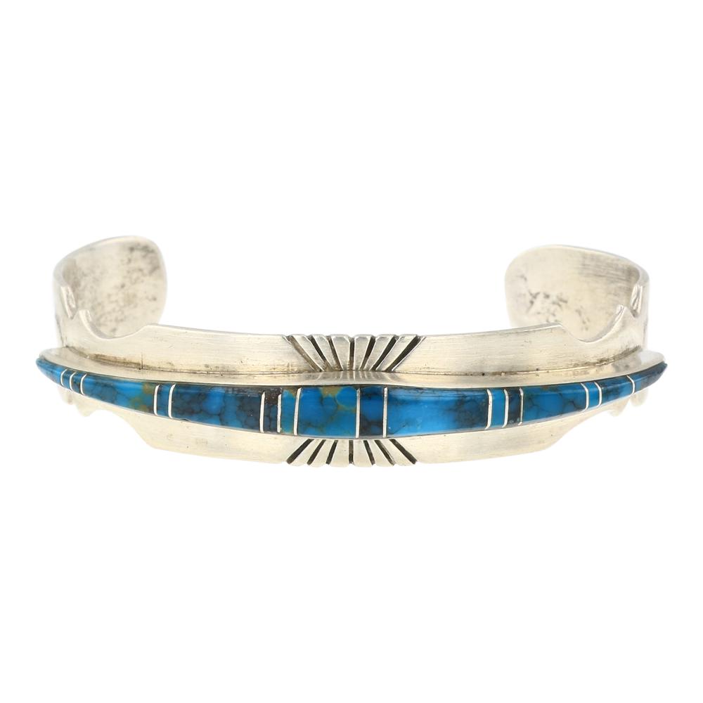 Bryan Yazzie Turquoise Inlay Cuff Bracelet: Sterling Silver | Genuine Turquoise | Bryan Yazzie Turquoise Inlay Cuff Bracelet | Navajo Native American Southwest Indian Jewelry | Approximate Weight: 25 Grams | Dimensions: Bracelet: 5.25" inner, 1