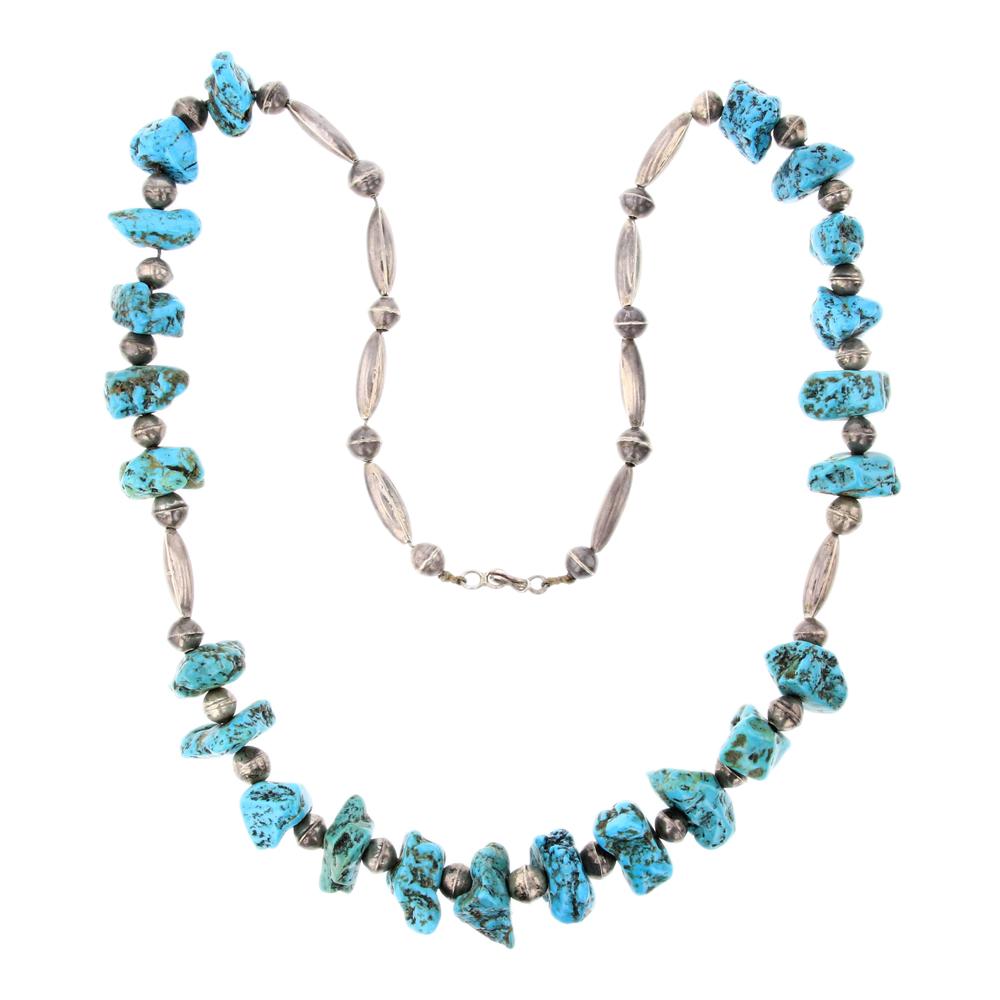 Navajo Strung Kingman Nugget Turquoise & Fluted Beads Necklace: Sterling Silver | Genuine Kingman Nugget Turquoise | Navajo Strung Kingman Nugget Turquoise & Fluted Beads Necklace | Navajo Native American Southwest Indian Jewelry | Approximate Weight: 93 Grams | D
