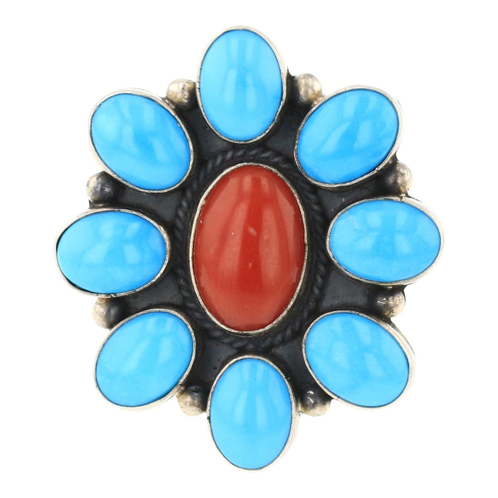 Navajo Sleeping Beauty Turquoise & Coral Cluster Ring (1 of 3)