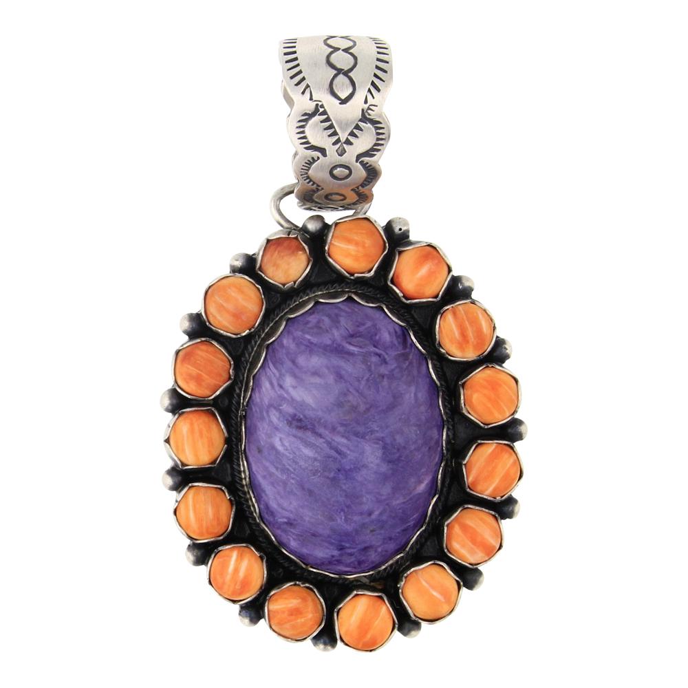 Beatty Tom Charoite & Spiny Oyster Cluster Pendant: Sterling Silver | Genuine Spiny Oyster & Charoite | Beatty Tom Charoite & Spiny Oyster Cluster Pendant | Navajo Native American Southwest Indian Jewelry | Approximate Weight: 35 Grams | Dimensions: Pe