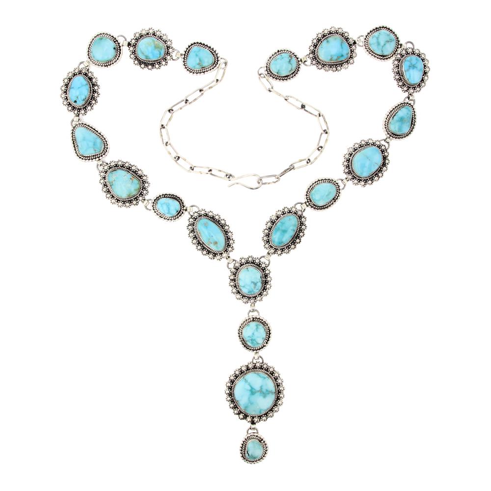 Eula Wylie Whitewater Turquoise Lariat Necklace: Sterling Silver | Genuine Whitewater Turquoise | Eula Wylie Whitewater Turquoise Lariat Necklace | Navajo Native American Southwest Indian Jewelry | Approximate Weight: 132 Grams | Dimensions: Necklac