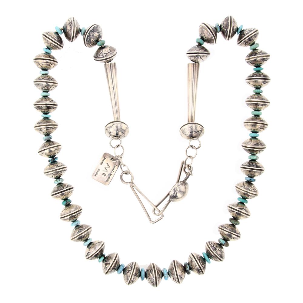 Louise McCabe Navajo Mercury Di e Beads & Kingman Turquoise Necklace: Sterling Silver | Genuine Kingman Turquoise & Mercury Dime US Currency | Louise McCabe Navajo Mercury Di e Beads & Kingman Turquoise Necklace | Navajo Native American Southwest Indian Jewelry | Approx