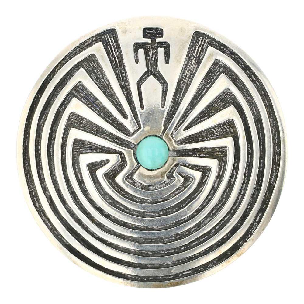 Jeff James Kingman Turquoise Man in The Maze Pin: Sterling Silver | Genuine Kingman Turquoise | Jeff James Kingman Turquoise Man in The Maze Pin | Navajo Native American Southwest Indian Jewelry | Approximate Weight: 22 Grams | Dimensions: Pin: 1.75"