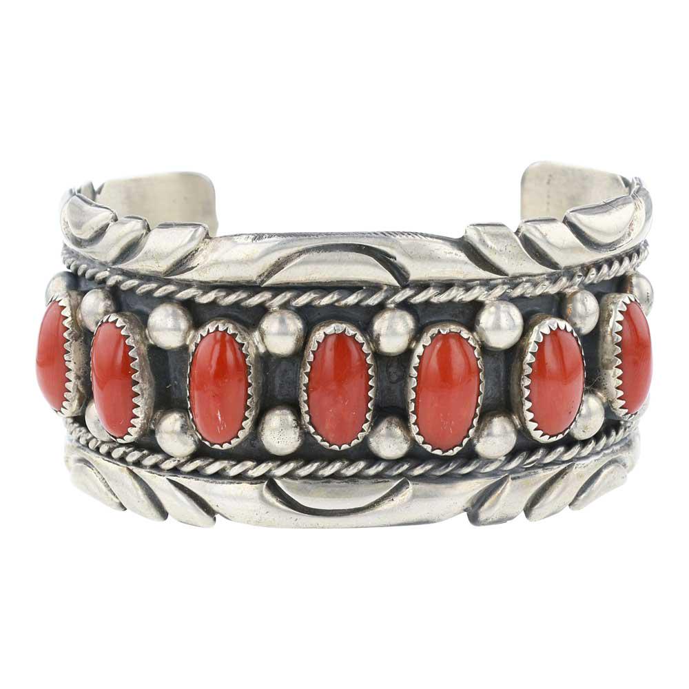 Vintage Navajo Mediterranean Coral Traditional Cuff Bracelet: Sterling Silver | Genuine Mediterranean Coral | Vintage Navajo Mediterranean Coral Traditional Cuff Bracelet | Navajo Native American Southwest Indian Jewelry | Approximate Weight: 71 Grams | Dimensio
