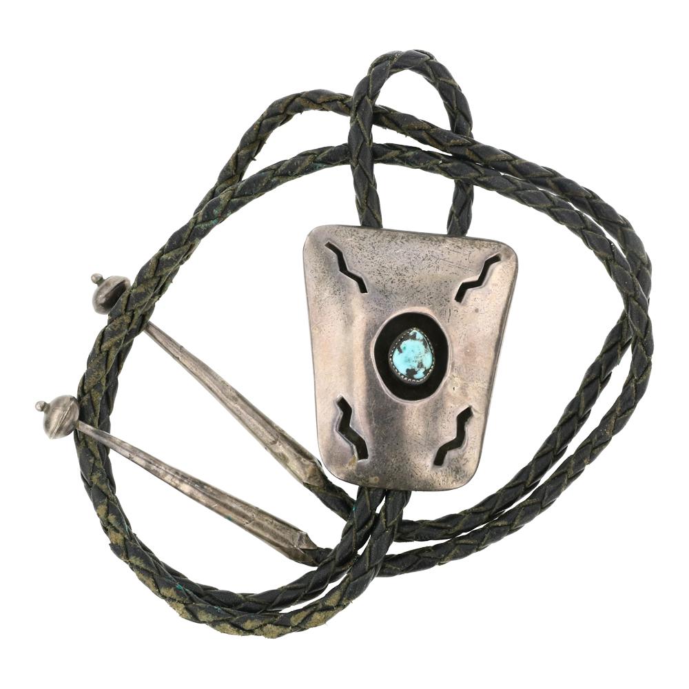 Vintage Ithaca Peak Turquoise Shadowbox Bolo Tie: Sterling Silver | Genuine Ithaca Peak Turquoise | Vintage Ithaca Peak Turquoise Shadowbox Bolo Tie | Navajo Native American Southwest Indian Jewelry | Approximate Weight: 38 Grams | Dimensions: Bolo T