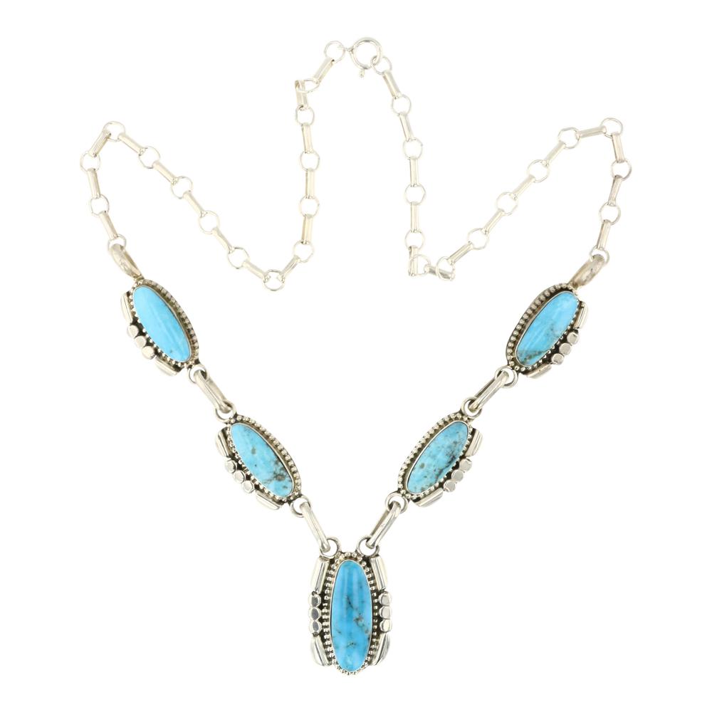 RB Kingman Turquoise Necklace: Sterling Silver | Genuine Kingman Turquoise | RB Kingman Turquoise Necklace | Navajo Native American Southwest Indian Jewelry | Approximate Weight: 26 Grams | Dimensions: Necklace: 18" lenght, .75" x