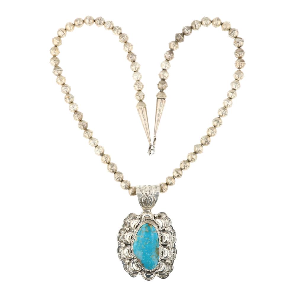 John Nelson Blue Ridge Turquoise Bump out Pendant On Bench Beads Necklace (1 of 3)