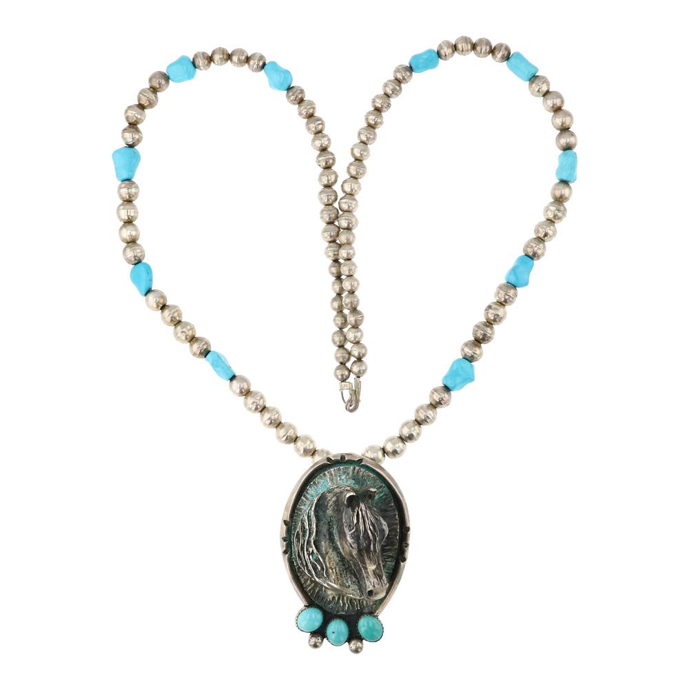 Vintage Navajo Kingman Turquoise & Sterling Silver Cast Horse Necklace (1 of 4)