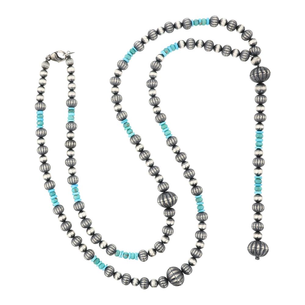 Kingman Turquoise & Sterling Silver Beads Round & Corrugated Beads Lariat Necklace (1 of 3)