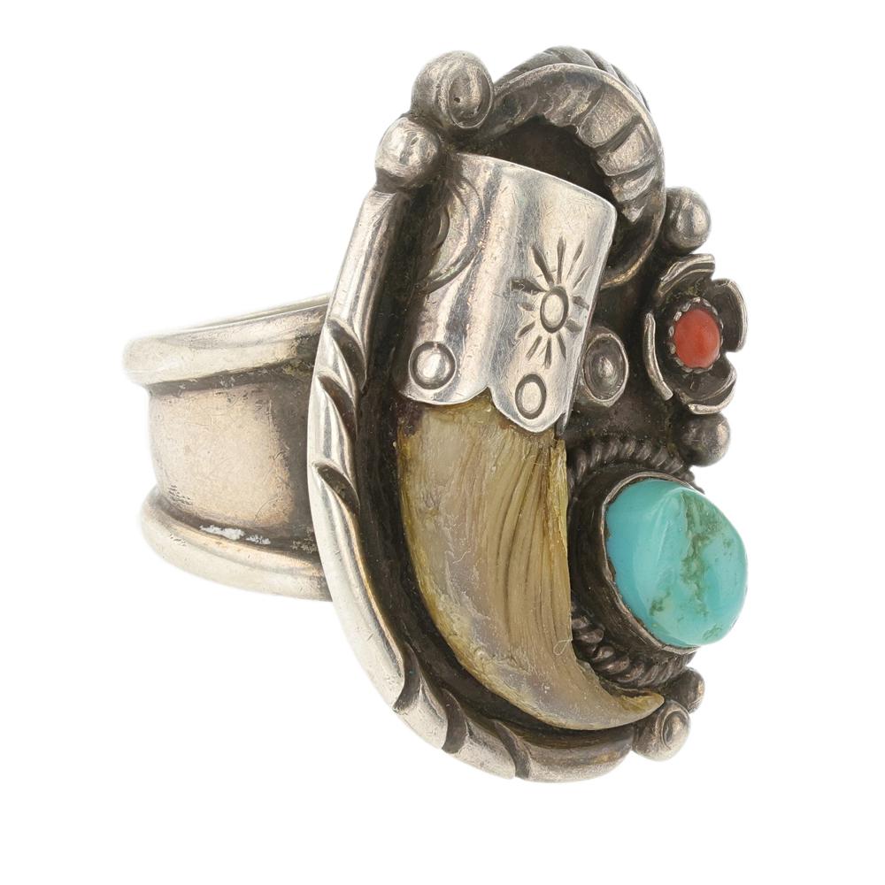 Vintage Navajo Turquoise & Coral Bear Claw Ring (1 of 3)