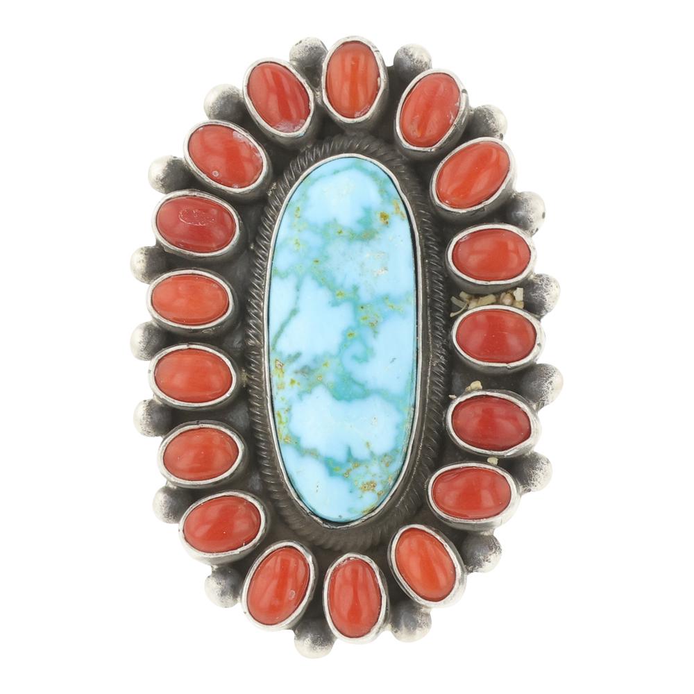 Bobby Johnson Turquoise Mountain Turquoise & Mediterranean Coral Cluster Ring (1 of 4)