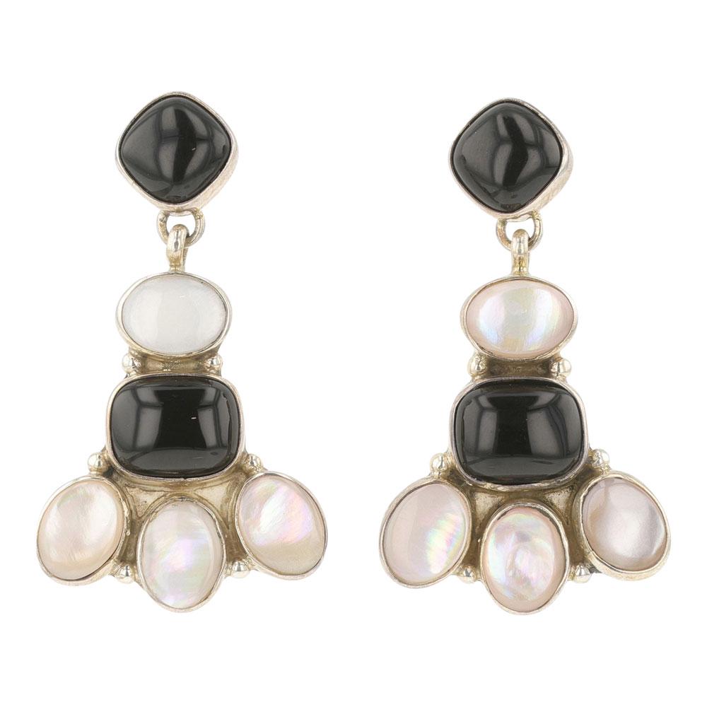Navajo Black Onyx & Pink Mussel Shell Earrings: Sterling Silver | Genuine Black Onyx & Pink Mussel Shell | Navajo Black Onyx & Pink Mussel Shell Earrings | Navajo Native American Southwest Indian Jewelry | Approximate Weight: 8 Grams | Dimensions: