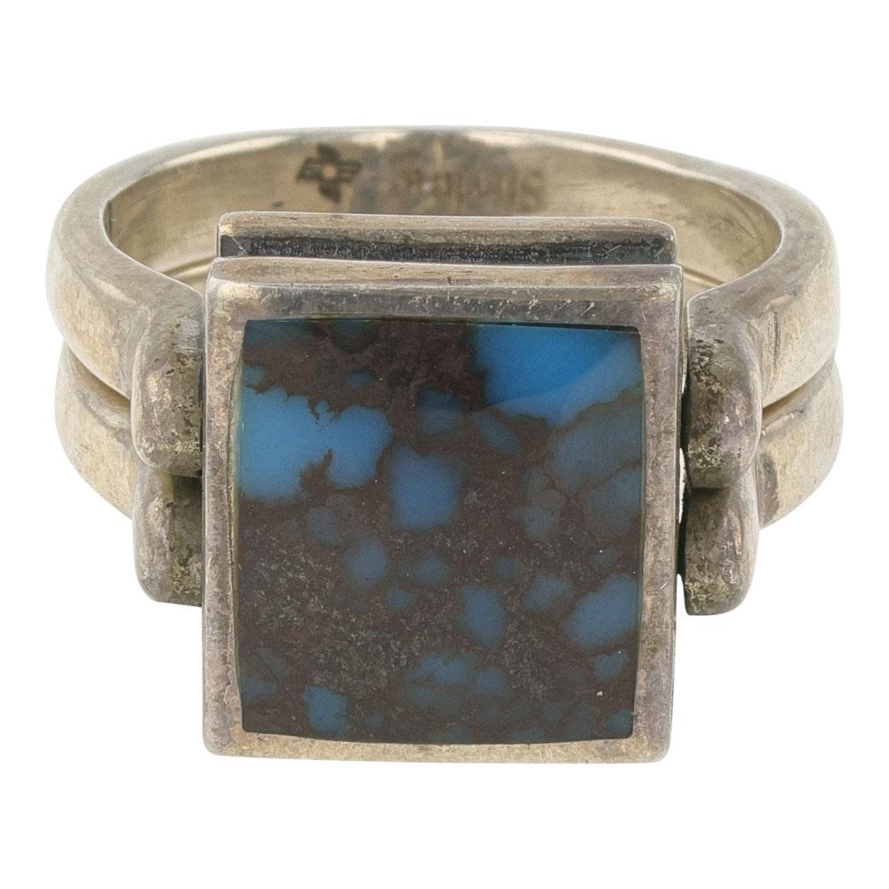 Navajo Inlay Egyptian Turquoise & Stamped Rosette Reversible Ring (1 of 3)