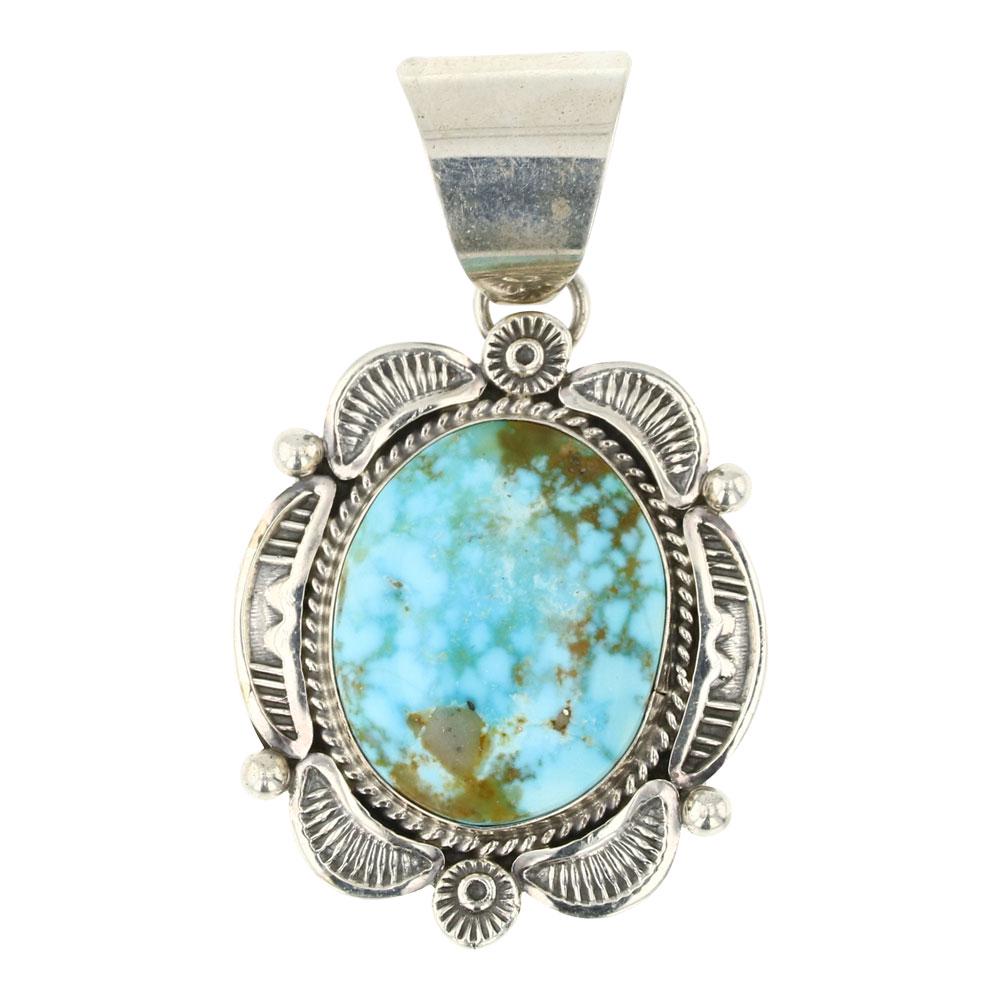 Ella Linkin Turquoise Mountain Turquoise Stamp Pendant: Sterling Silver | Genuine Turquoise | Ella Linkin Turquoise Mountain Turquoise Stamp Pendant | Navajo Native American Southwest Indian Jewelry | Approximate Weight: 12 Grams | Dimensions: Pendant: 1.2