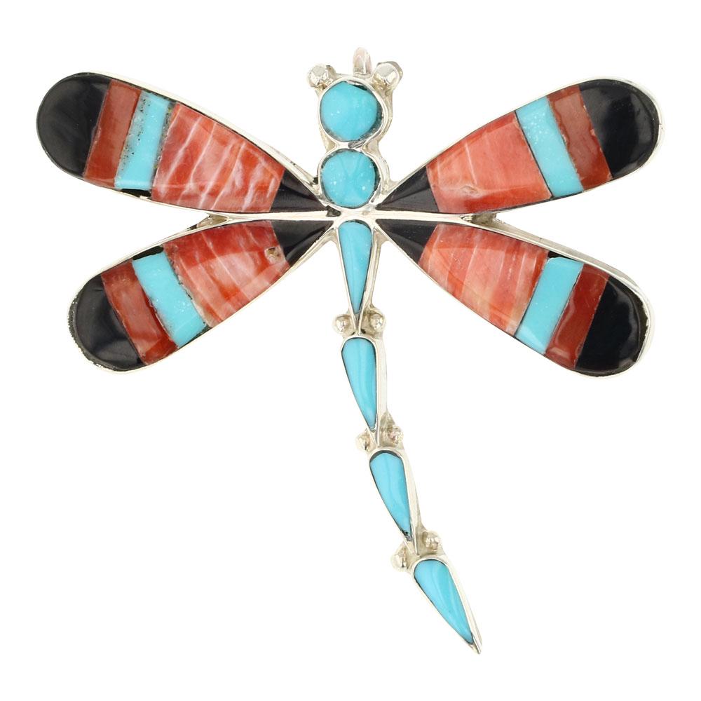 RB Navajo Turquoise Coral Spiny Oyster & Acoma Jet Inlay Dragonfly Pin / Pendant: Sterling Silver | Genuine Turquoise, Coral, Spiny Oyster & Acoma Jet | RB Navajo Turquoise Coral Spiny Oyster & Acoma Jet Inlay Dragonfly Pin / Pendant | Navajo Native American Southwest Indian Jewelr