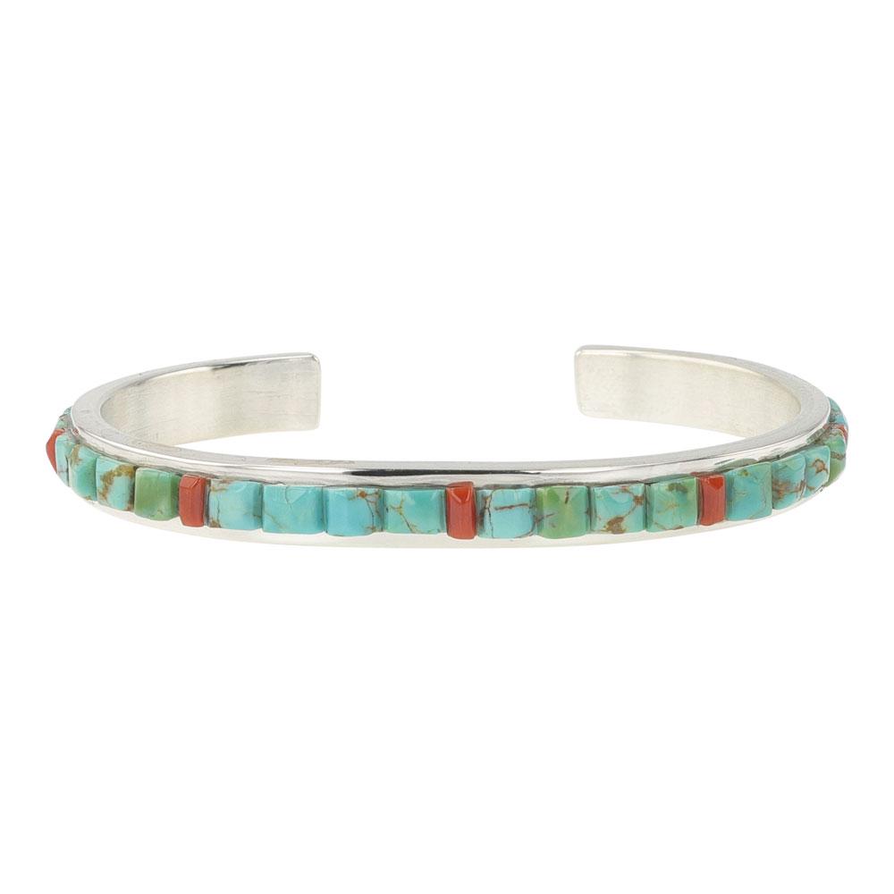 Mark Yazzie Turquoise & Coral Cobblestone Inlay Cuff Bracelet (1 of 4)