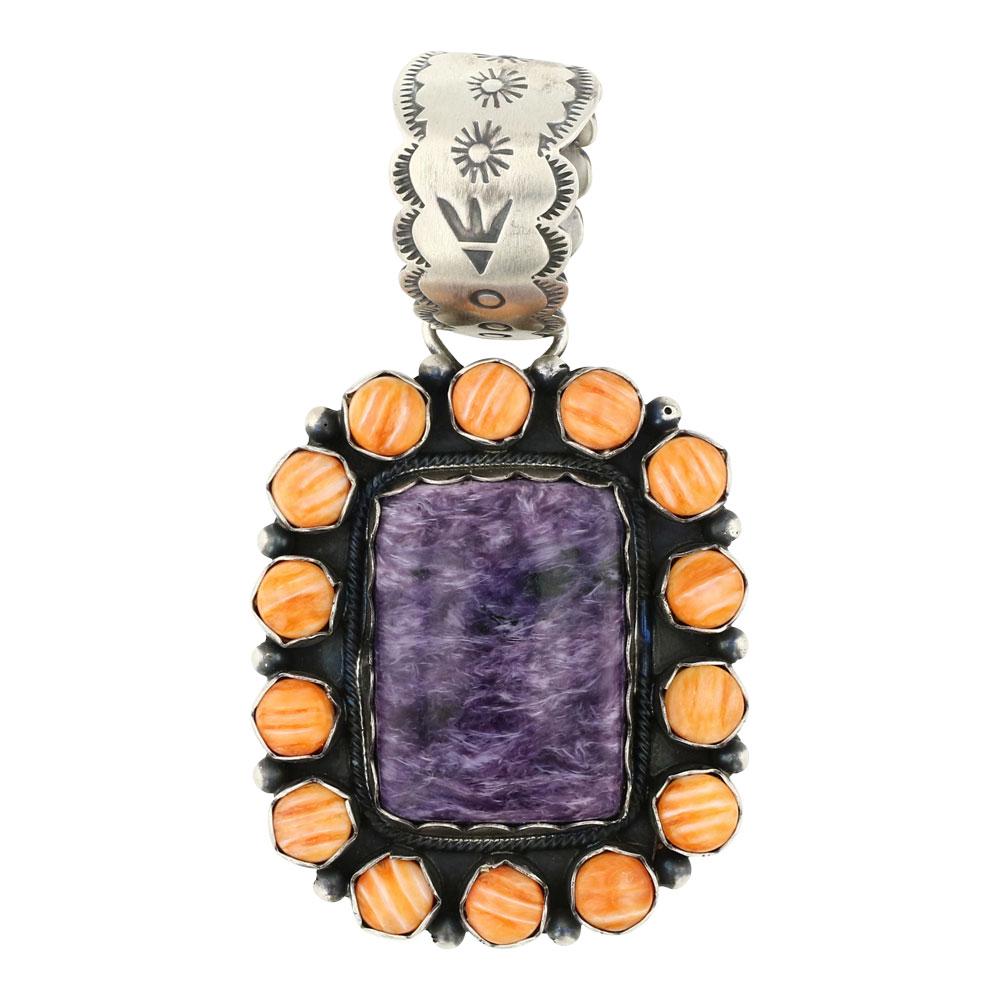 Beatty Tom Charoite & Spiny Oyster Cluster Pendant: Sterling Silver | Genuine Charoite & Spiny Oyster | Beatty Tom Charoite & Spiny Oyster Cluster Pendant | Navajo Native American Southwest Indian Jewelry | Approximate Weight: 35 Grams | Dimensions: Pe