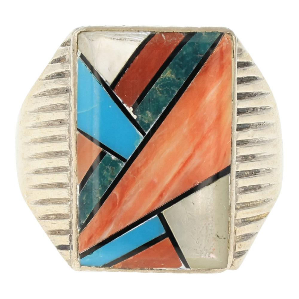 Navajo Spiny Oyster Turquoise Coral & Shell Inlay Men's Ring (1 of 3)