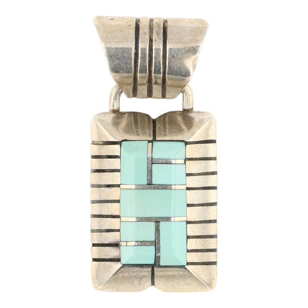 Chester Benally Navajo Turquoise Inlay Pendant: Sterling Silver | Genuine Turquoise | Chester Benally Navajo Turquoise Inlay Pendant | Navajo Native American Southwest Indian Jewelry | Approximate Weight: 6 Grams | Dimensions: Pendant: .5" x 1.25"