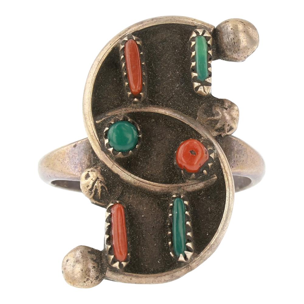 Vintage Navajo Turquoise & Coral Ring: Sterling Silver | Genuine Turquoise & Coral | Vintage Navajo Turquoise & Coral Ring | Navajo Native American Southwest Indian Jewelry | Approximate Weight: 3 Grams | Dimensions: Ring: 4 size, 1" face